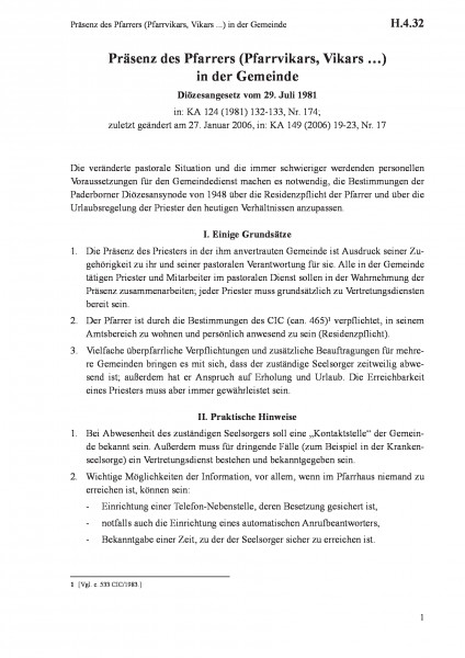 H.4.32 Präsenz des Pfarrers (Pfarrvikars, Vikars ...) in der Gemeinde
