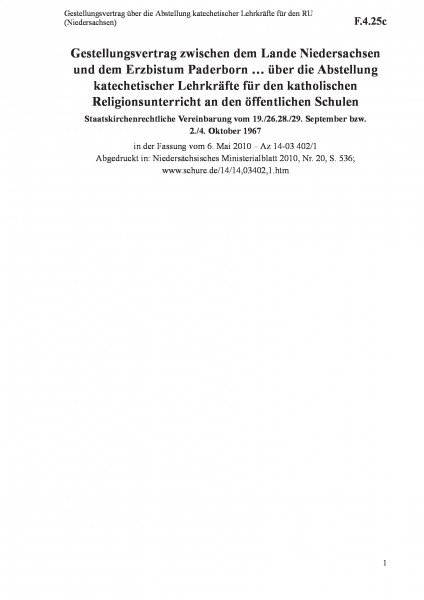 F.4.25c Gestellungsvertrag über die Abstellung katechetischer Lehrkräfte für den RU (Niedersachsen)