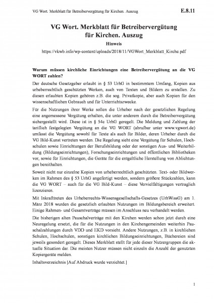 E.8.11 VG Wort. Merkblatt für Betreibervergütung für Kirchen. Auszug