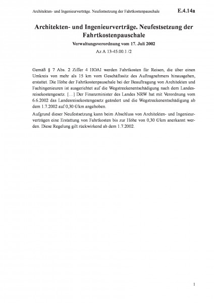 E.4.14a Architekten- und Ingenieurverträge. Neufestsetzung der Fahrtkostenpauschale