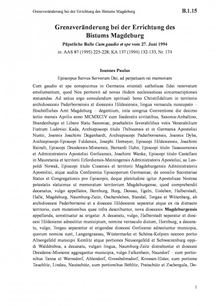 B.1.15 Grenzveränderung bei der Errichtung des Bistums Magdeburg