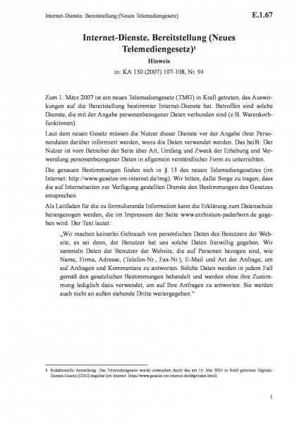 E.1.67 Internet-Dienste. Bereitstellung (Neues Telemediengesetz)