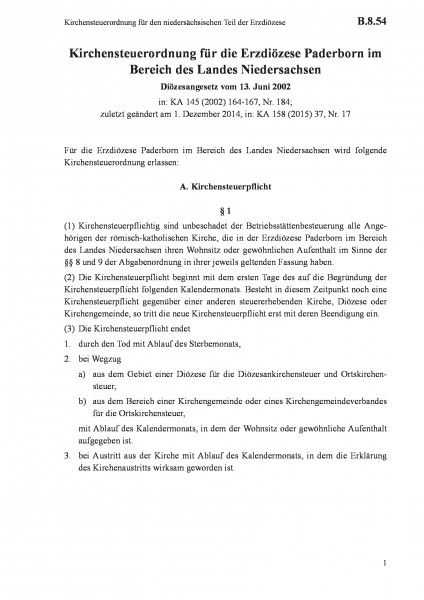 B.8.54 Kirchensteuerordnung für den niedersächsischen Teil der Erzdiözese