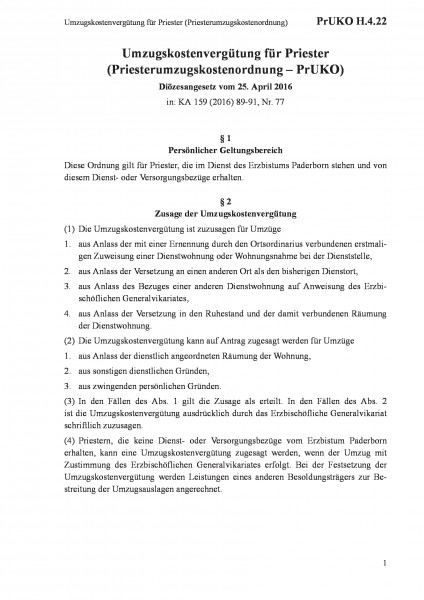 H.4.22 Umzugskostenvergütung für Priester (Priesterumzugskostenordnung)