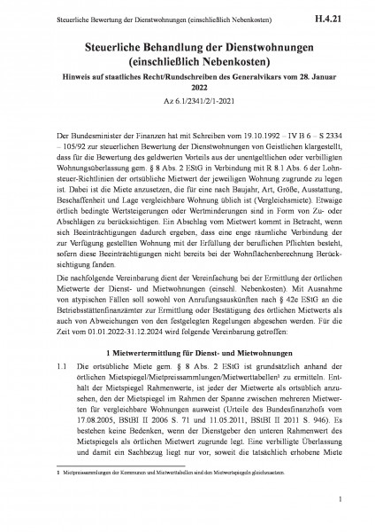 H.4.21 Steuerliche Bewertung der Dienstwohnungen (einschließlich Nebenkosten)