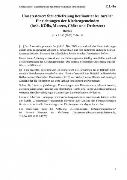 E.2.41e Umsatzsteuer: Steuerbefreiung bestimmter kultureller Einrichtungen