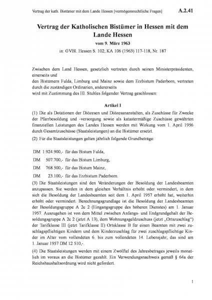 A.2.41 Vertrag der kath. Bistümer mit dem Lande Hessen [vermögensrechtliche Fragen]