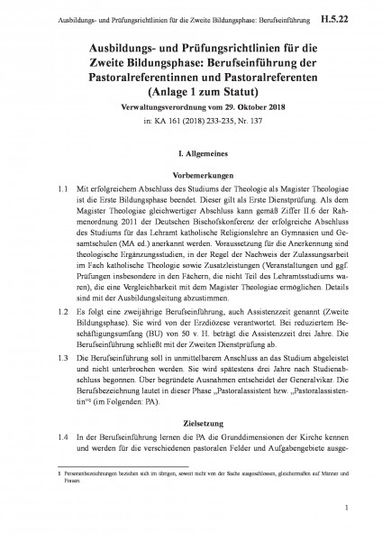 H.5.22 Ausbildungs- und Prüfungsrichtlinien für die Zweite Bildungsphase: Berufseinführung