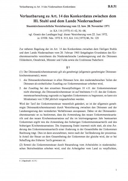 B.8.51 Verlautbarung zu Art. 14 des Niedersachsen-Konkordates