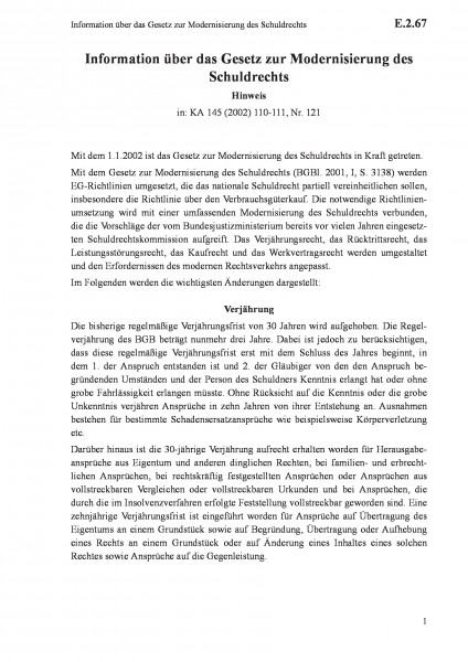 E.2.67 Information über das Gesetz zur Modernisierung des Schuldrechts