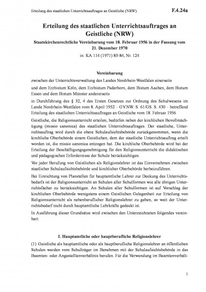 F.4.24a Erteilung des staatlichen Unterrichtsauftrages an Geistliche (NRW)