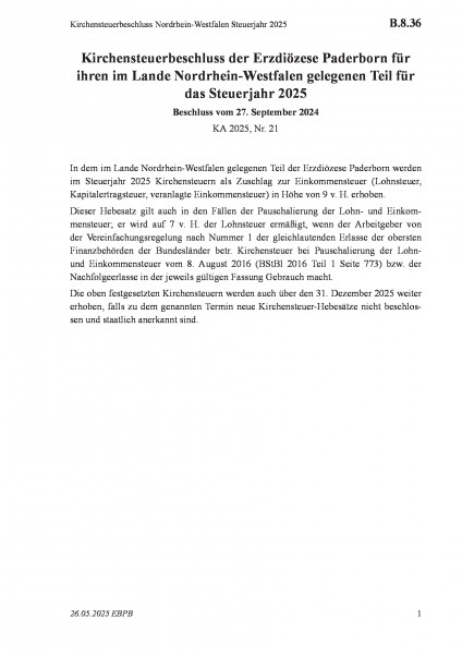 B.8.36 Kirchensteuerbeschluss Nordrhein-Westfalen Steuerjahr 2025