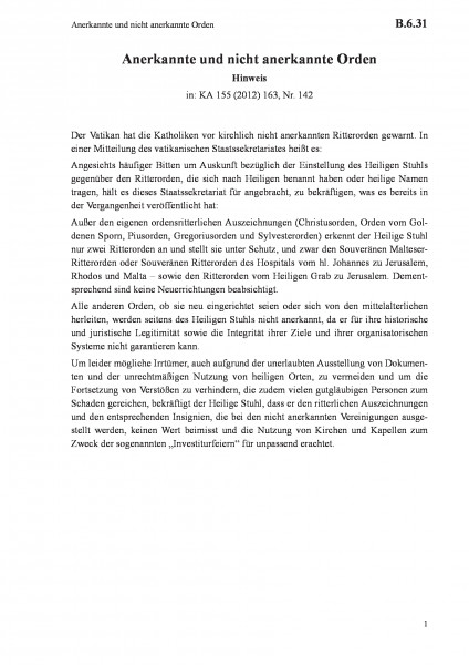 B.6.31 Anerkannte und nicht anerkannte Orden