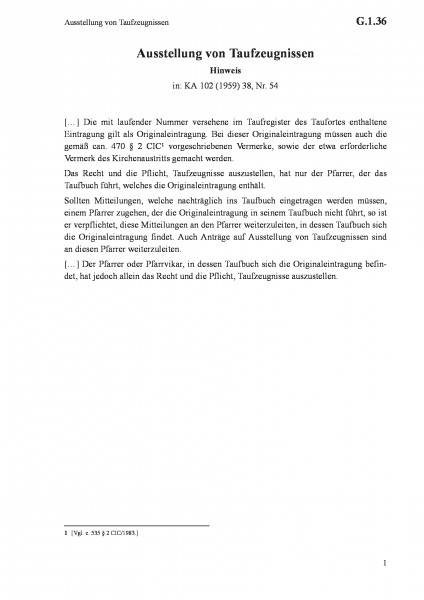 G.1.36 Ausstellung von Taufzeugnissen