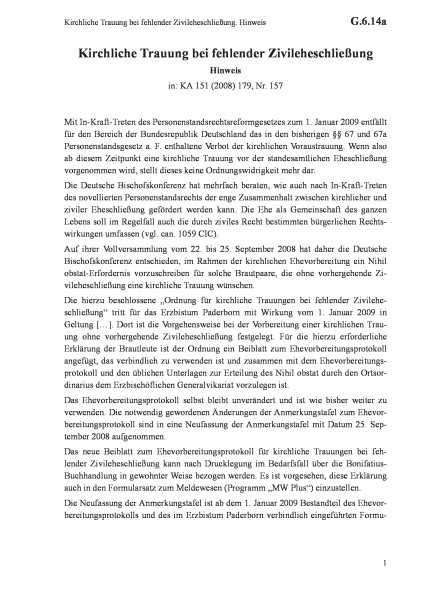 G.6.14a Kirchliche Trauung bei fehlender Zivileheschließung. Hinweis