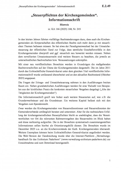E.2.49 „Steuerpflichten der Kirchengemeinden“. Informationsschrift