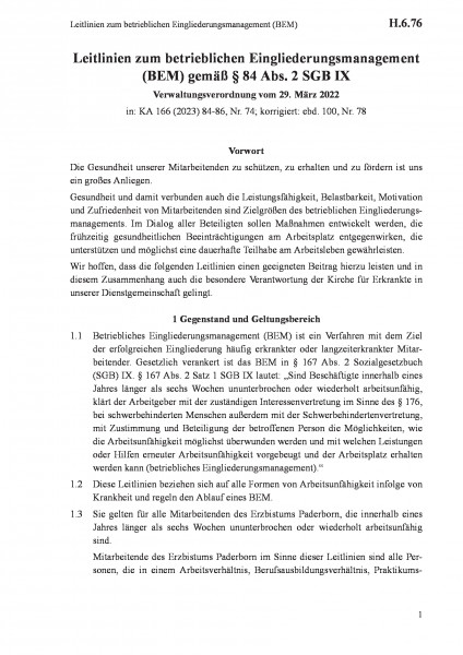 H.6.76 Leitlinien zum betrieblichen Eingliederungsmanagement (BEM)