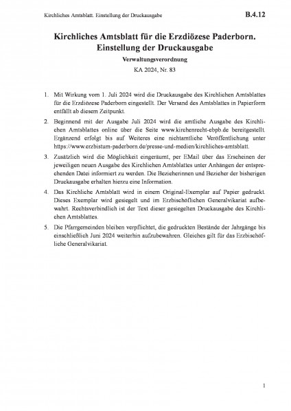 B.4.12 Kirchliches Amtsblatt. Einstellung der Druckausgabe
