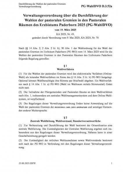 D.3.52a Durchführung der Wahlen der pastoralen Gremien. Verwaltungsverordnung