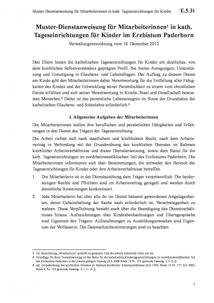 E.5.31 Muster-Dienstanweisung für Mitarbeiterinnen in kath. Tageseinrichtungen für Kinder
