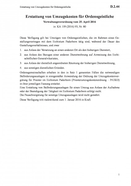 D.2.44 Erstattung von Umzugskosten für Ordensgeistliche