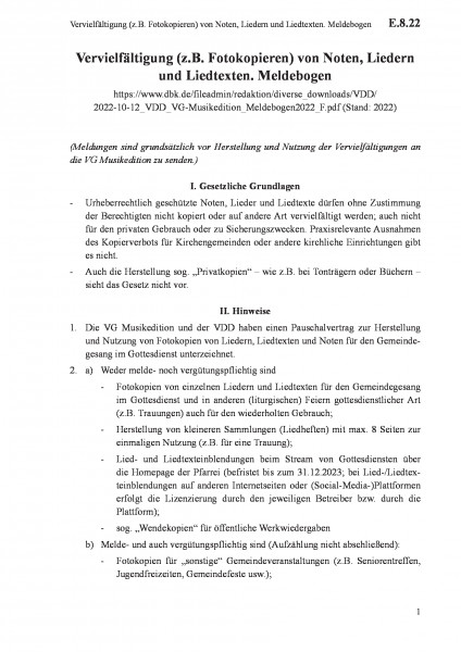 E.8.22 Vervielfältigung (z.B. Fotokopieren) von Noten, Liedern und Liedtexten. Meldebogen