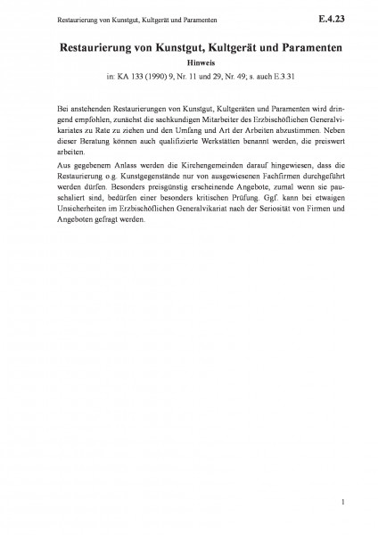 E.4.23 Restaurierung von Kunstgut, Kultgerät und Paramenten