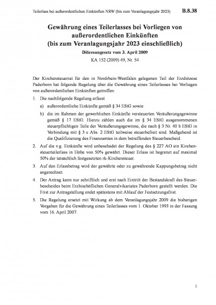 B.8.38 Teilerlass bei außerordentlichen Einkünften NRW (bis zum Veranlagungsjahr 2023)