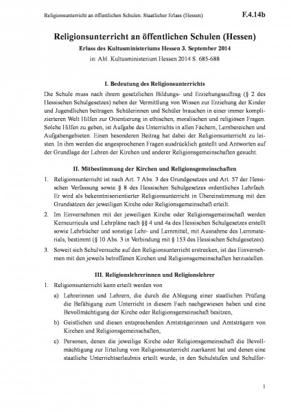 F.4.14b Religionsunterricht an öffentlichen Schulen. Staatlicher Erlass (Hessen)
