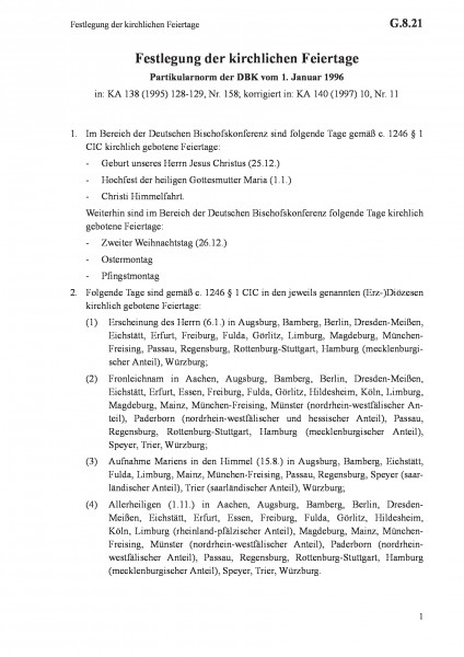 G.8.21 Festlegung der kirchlichen Feiertage