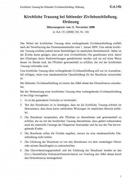 G.6.14b Kirchliche Trauung bei fehlender Zivileheschließung. Ordnung