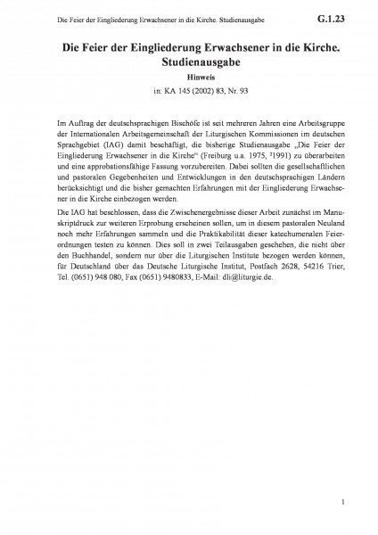 G.1.23 Die Feier der Eingliederung Erwachsener in die Kirche. Studienausgabe