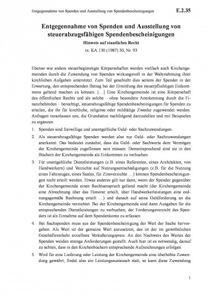 E.2.35 Entgegennahme von Spenden und Ausstellung von Spendenbescheinigungen