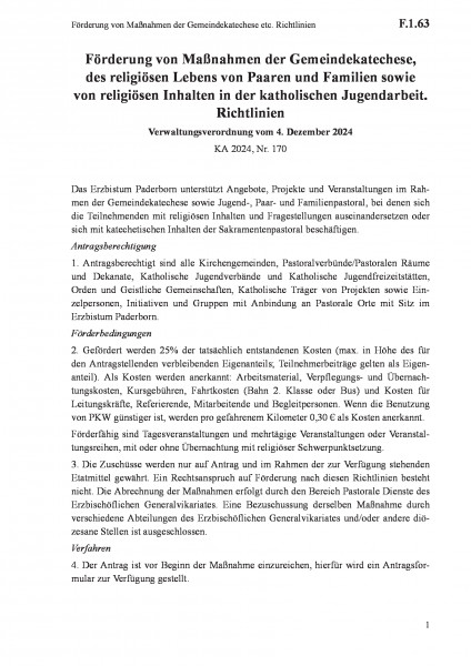 F.1.63 Förderung von Maßnahmen der Gemeindekatechese etc. Richtlinien