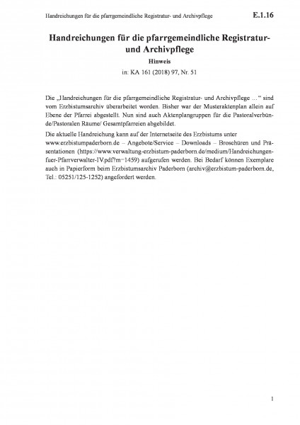 E.1.16 Handreichungen für die pfarrgemeindliche Registratur- und Archivpflege