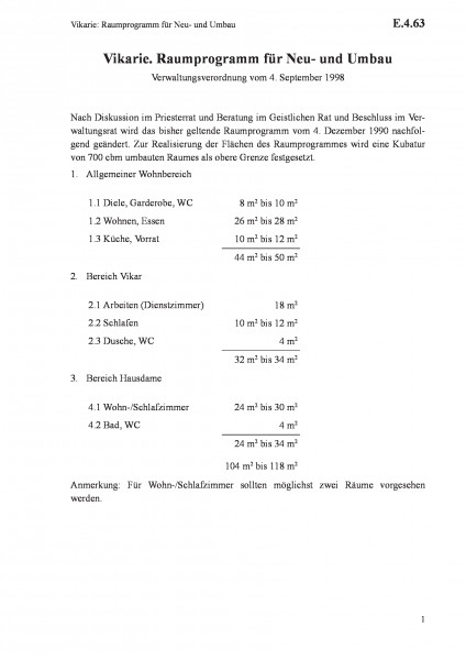 E.4.63 Vikarie: Raumprogramm für Neu- und Umbau