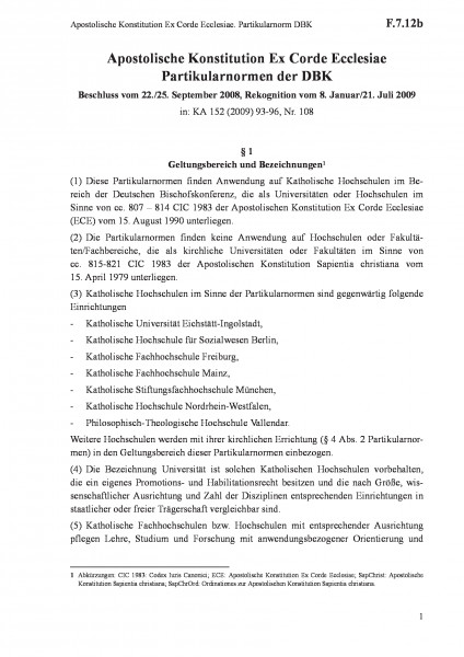 F.7.12b Apostolische Konstitution Ex Corde Ecclesiae. Partikularnorm DBK