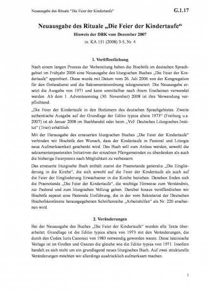 G.1.17 Neuausgabe des Rituale "Die Feier der Kindertaufe"