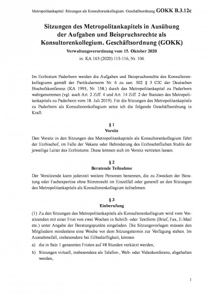 B.3.12c Metropolitankapitel. Sitzungen als Konsultorenkollegium. Geschäftsordnung