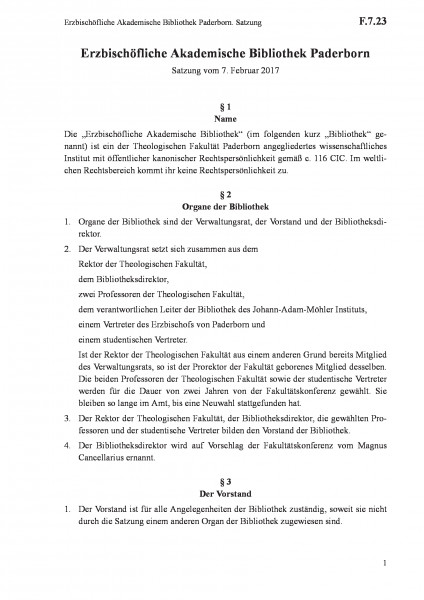 F.7.23 Erzbischöfliche Akademische Bibliothek Paderborn. Satzung