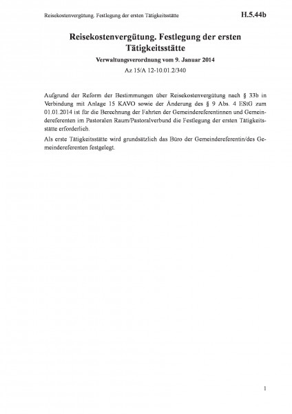 H.5.44b Reisekostenvergütung. Festlegung der ersten Tätigkeitsstätte