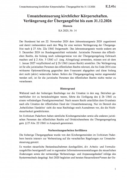 E.2.41c Umsatzbesteuerung kirchlicher Körperschaften. Übergangsfrist bis 31.12.2026
