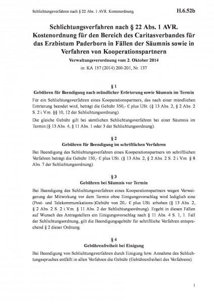 H.6.52b Schlichtungsverfahren nach § 22 Abs. 1 AVR. Kostenordnung