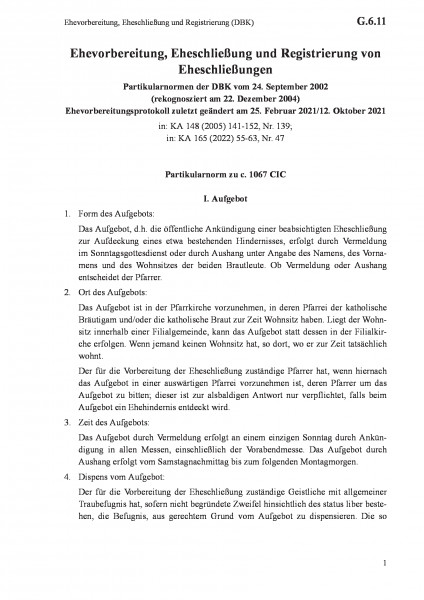 G.6.11 Ehevorbereitung, Eheschließung und Registrierung (DBK)