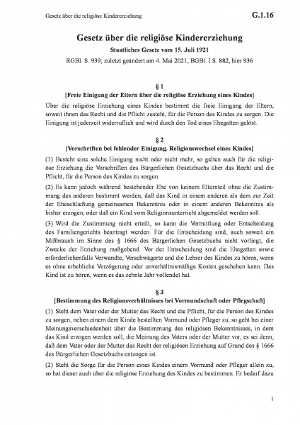 G.1.16 Gesetz über die religiöse Kindererziehung