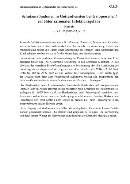 G.3.24 Schutzmaßnahmen in Gottesdiensten bei Grippewellen etc.