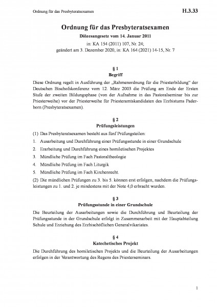 H.3.33 Ordnung für das Presbyteratsexamen