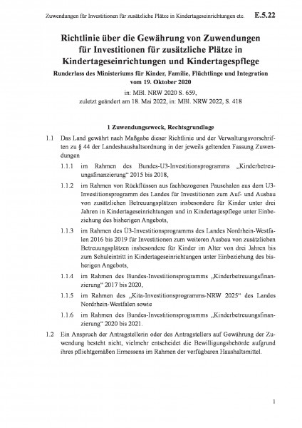 E.5.22 Zuwendungen für Investitionen für zusätzliche Plätze in Kindertageseinrichtungen etc.