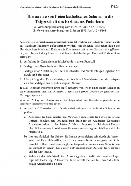 F.6.24 Übernahme von freien kath. Schulen in die Trägerschaft des Erzbistums