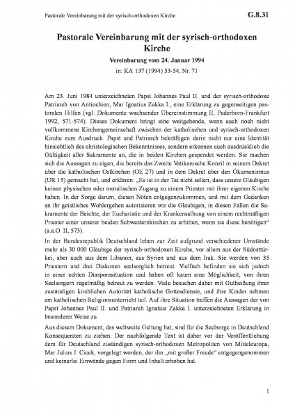 G.8.31 Pastorale Vereinbarung mit der syrisch-orthodoxen Kirche